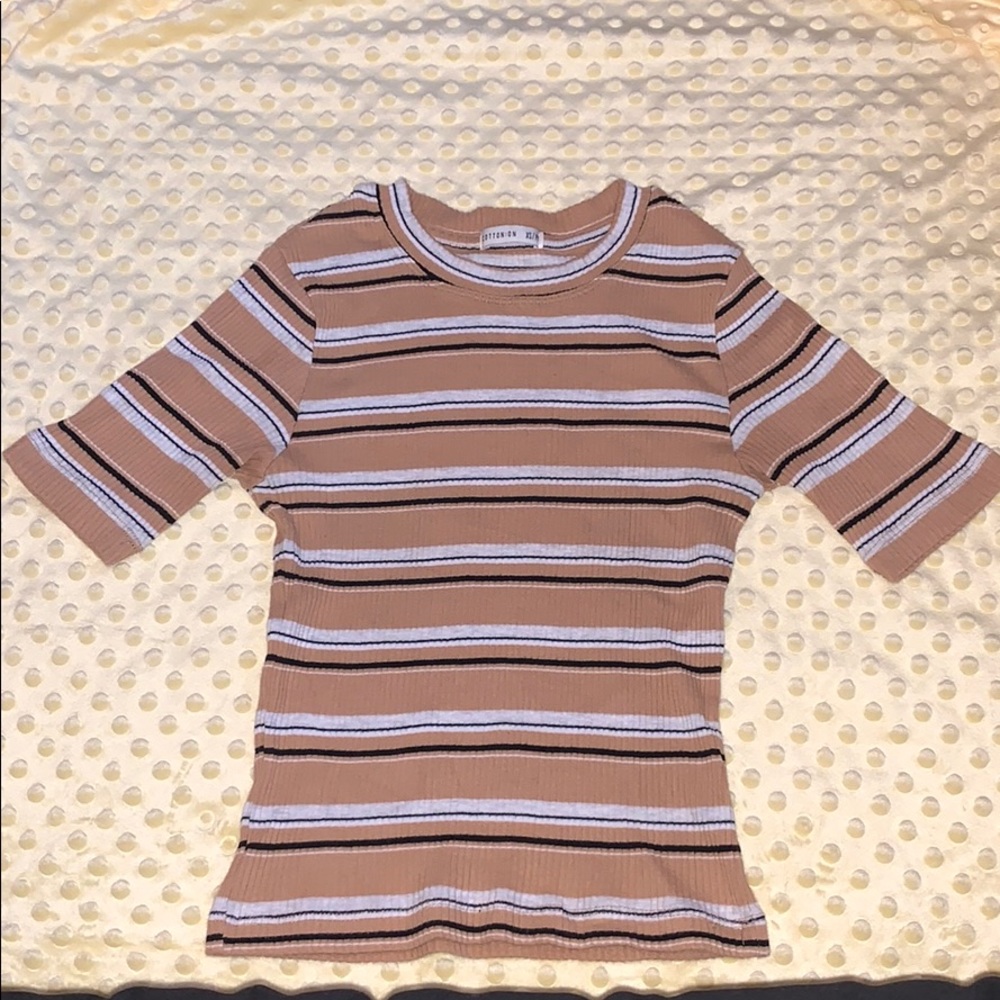 NO BRAND striped mustard colored shirt.